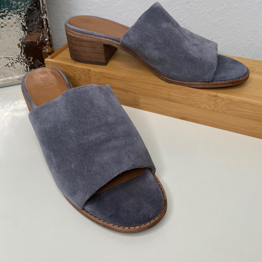 Frye Women Blue Grey Suede Open Toe Block Heel Mule Sandals Coastal Boho 10M
